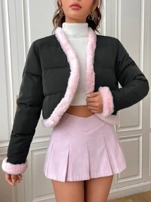 SHEIN MOD 女士毛绒边缘前开衬垫外套 - 黑色 - 查看 2