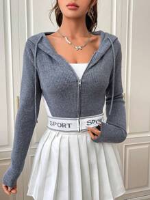 SHEIN EZwear 字母圖案短修身連帽拉鍊前開襟衫 - 彩色 - 查看 3