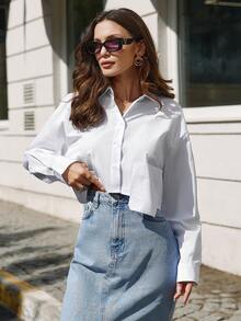 SHEIN Cottnline Women's Solid Color Patch Pocket Button Up Shirt - White - View 3