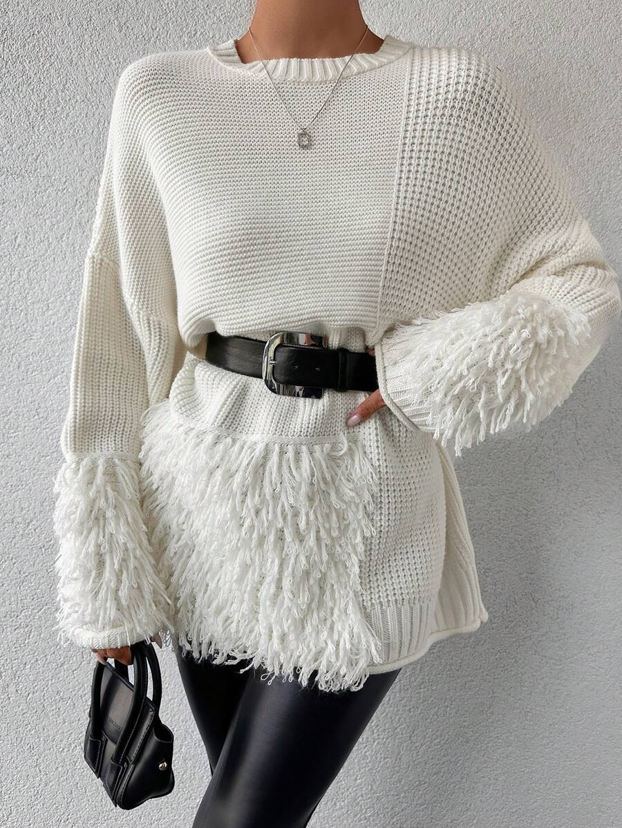 EURMUSE Fuzzy Panel Drop Shoulder Sweater Without Belt