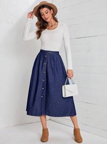 EMERY ROSE Button Front Denim Skirt - Dark Wash - View 5
