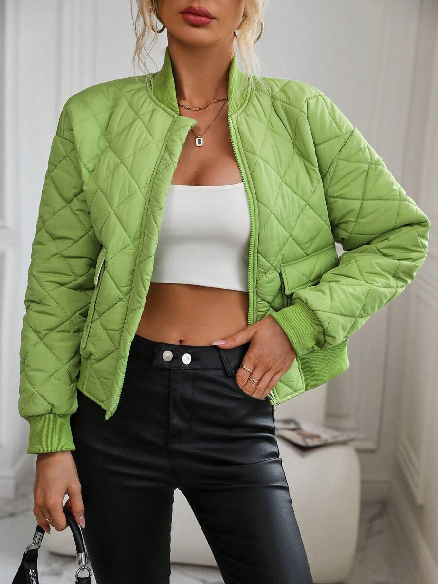 Chiquease Áo khoác chần bông có túi khóa kéo có đệm Quần áo mùa đông - màu xanh lá - Xem 1