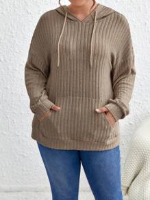 SHEIN Frenchy Áo nỉ cỡ lớn có túi kangaroo, vai rớt, dây rút. - màu nâu - Xem 4