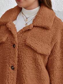 SHEIN Frenchy Hơn Chi tiết về Flap Thả vai Áo khoác Teddy - màu nâu - Xem 5