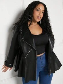 SHEIN CURVE+ Kích thước lớn Vòng cổ Da giả Áo khoác - màu đen - Xem 7