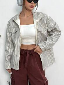 SHEIN Unity Thả vai Chi tiết về Flap Dây kéo Áo khoác - Cà phê nâu - Xem 4