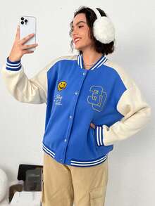 SHEIN EZwear Plus Slogan & Star Drop Shoulder Two Tone Varsity Jacket - Multicolor - View 4