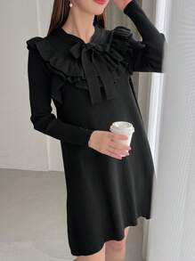 FRIFUL Chất rắn Viền Ruffle Tie Trước Đầm Áo len - màu đen - Xem 7