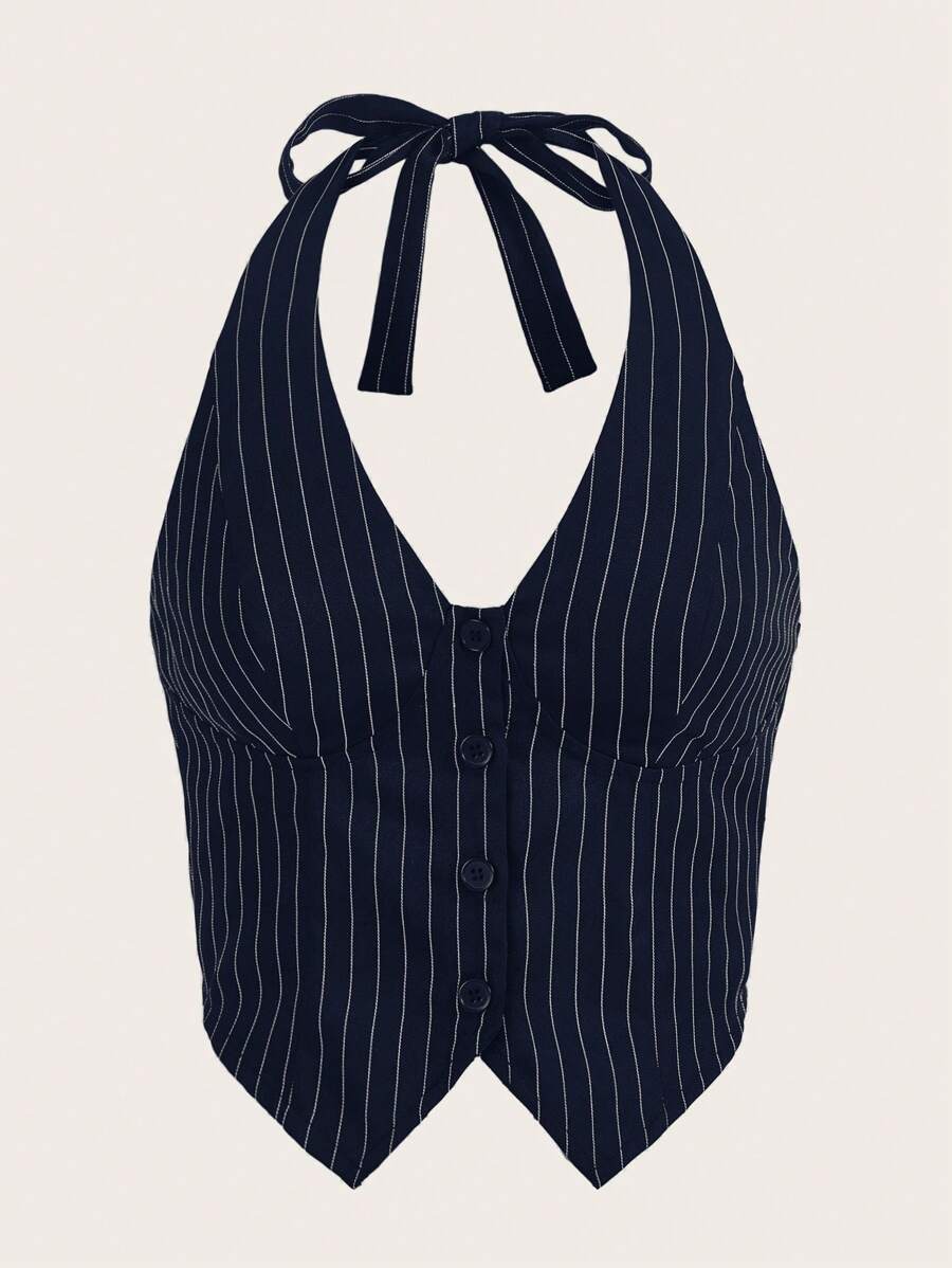 SHEIN EZwear Summer Outfits Striped Print Button Front Halter Top - Navy Blue - View 1