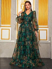 YISIKADO Allover Print Lantern Sleeve Chiffon Dress Elegant Long Sleeve Formal Evening Prom Wedding Guest Gown, For Graduation, Dinner - Multicolor - View 4