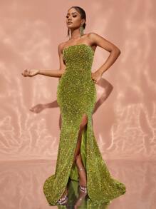 Split Thigh Sequin Formal Dress - Olive Green - View 1