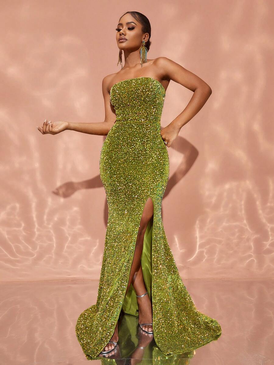 Split Thigh Sequin Formal Dress - Olive Green - View 1