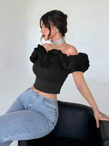 Aloruh Top Cropped Feminino com Ombro à Mostra e Babado, Blusas Femininas, Blusas Elegantes Femininas, Convidada de Casamento, Noite de Casamento - Preto - Visão 3