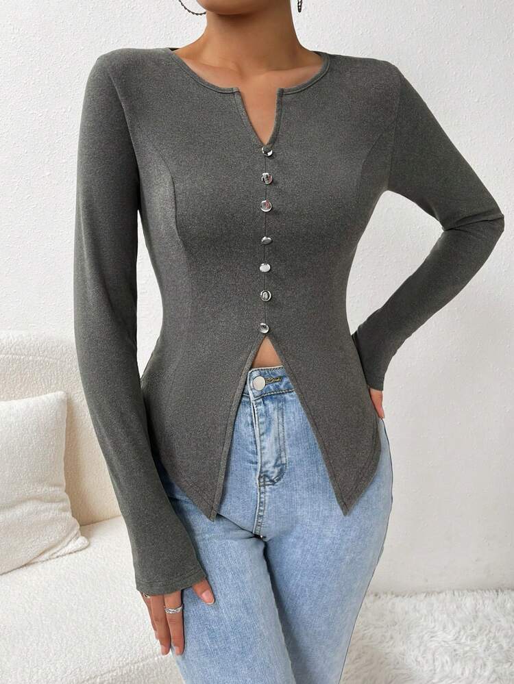 Notched Neck Button Front Tee