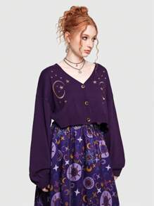 ROMWE Hippie Cárdigan con patrón de luna y estrella de hombros caídos - Morado - Ver 2