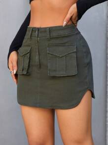 SHEIN ICON 翻蓋口袋牛仔半身裙 - 軍綠色 - 查看 4