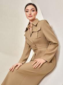 Mulvari Vestido de cuello con solapa con abertura trasera - Caqui - Ver 3