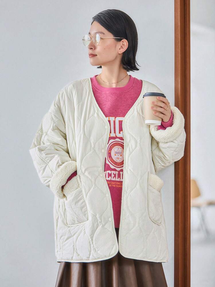 Dual Pocket Drop Shoulder Quilted Coat Jacket Winter