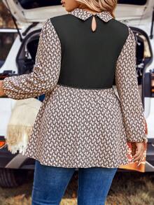 SHEIN LUNE Plus Allover Print Lantern Sleeve Peplum 2 In 1 Top - Multicolor - View 2