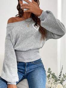 SHEIN EZwear In Trái tim Off Shoulder Áo nỉ - Xám - Xem 4