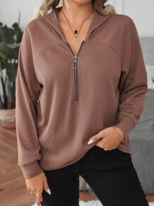Calvaya 加大码半拉链插肩袖卫衣 - 棕色 - 查看 3