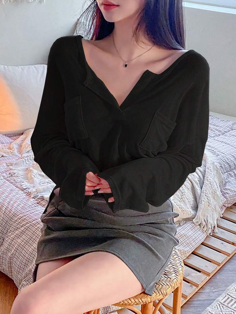 Solid Curved Hem Button Front Tee Long Sleeve Women Tops