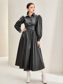 Mulvari 燈籠袖PU皮革襯衫洋裝 - 黑色 - 查看 1