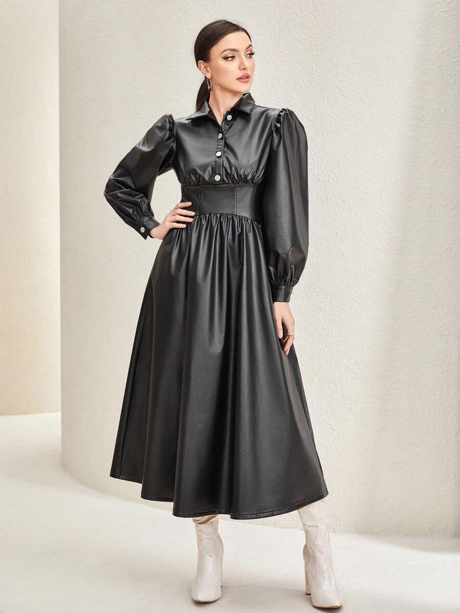 Mulvari 燈籠袖PU皮革襯衫洋裝 - 黑色 - 查看 1