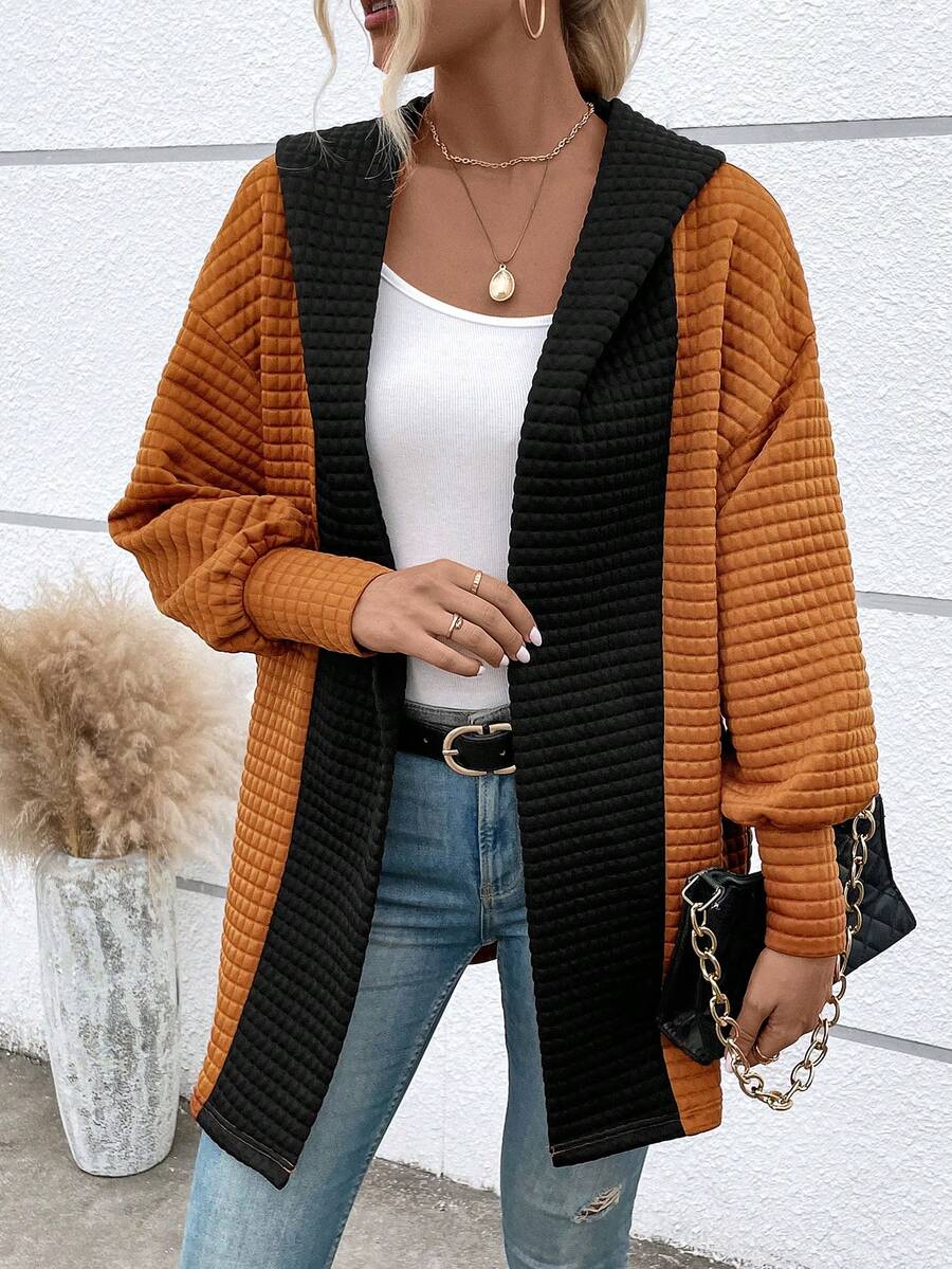 SHEIN Frenchy 雙色落肩袖連帽開門襟外套 - 卡其色 - 查看 1