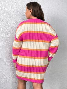 Celure Talla grande Vestido de punto de rayas de color combinado de hombros caídos sin cinturón - Multicolor - Ver 2