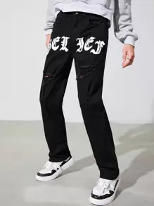 SHEIN Teen Boy Letter Graphic Ripped Jeans
