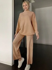 休閒開衩純色女士毛衣兩件套 - 黃色 - 查看 3