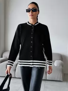 EURMUSE 條紋飾邊插肩袖按扣前開襟衫 - 黑色 - 查看 5