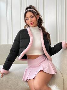 SHEIN MOD 女士毛绒边缘前开衬垫外套 - 黑色 - 查看 4