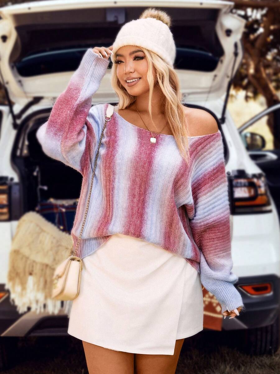 SHEIN LUNE Plus Ombre Drop Shoulder Boat Neck Sweater - Multicolor - View 1