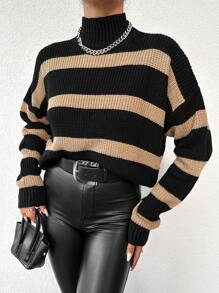 EURMUSE 條紋圖案小高領落肩袖套頭毛衣 - 黑色 - 查看 4
