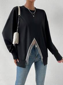 Chiquease Fringe Trim Drop Shoulder Asymmetrical Hem Sweatshirt - Black - View 3