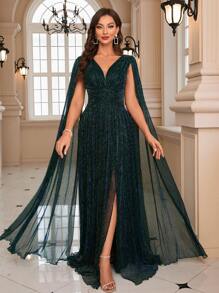 Cloak Sleeve Split Thigh Glitter Formal Dress Elegant Prom Evening Wedding Guest Gown, For Graduation, Dinner Party Dress, Bride Dress, Birthday Women Outfits