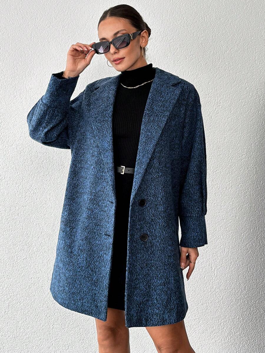 EURMUSE Lapel Neck Drop Shoulder Button Front Overcoat - Blue - View 1