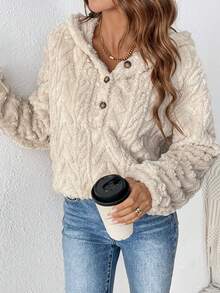 SHEIN Frenchy Capucha con botón de hombros caídos forro polar - Albaricoque - Ver 6