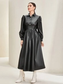 Mulvari 燈籠袖PU皮革襯衫洋裝 - 黑色 - 查看 3