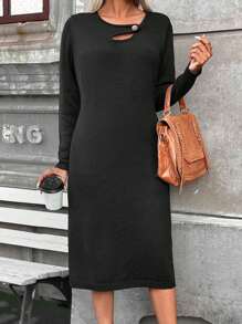 SHEIN LUNE Cut Out Button Detail Sweater Dress Fall Cloth For Women - Black - View 4