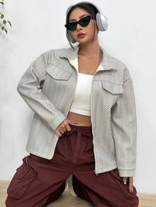 SHEIN Unity Thả vai Chi tiết về Flap Dây kéo Áo khoác - Cà phê nâu - Xem 3