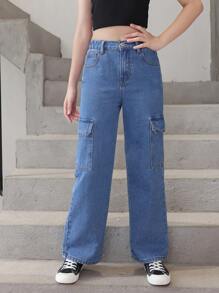 SHEIN Quần Jeans Jeans Ống Thẳng Giặt Thường Ngày Tiện Dụng Cho Bé Gái Tuổi Teen - Rửa tối - Xem 5