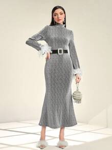 Modelyn Fuzzy Cuff Mock Neck Glitter Dress - Silver - View 4