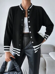 EURMUSE 條紋飾邊插肩袖按扣前開襟衫 - 黑色 - 查看 3