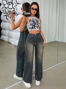 SHEIN ICON Straight Leg Jeans - Dark Wash - View 5