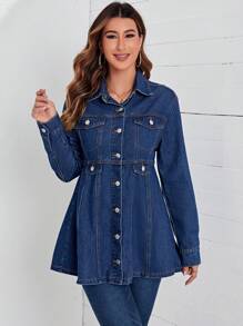 EMERY ROSE 翻蓋口袋前紐扣牛仔外套 - 深色水洗藍 - 查看 1