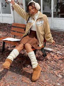 SHEIN Unity Letter Patched Flap Detail Drop Shoulder Corduroy Jacket Fall Cloth For Women - Apricot - View 6