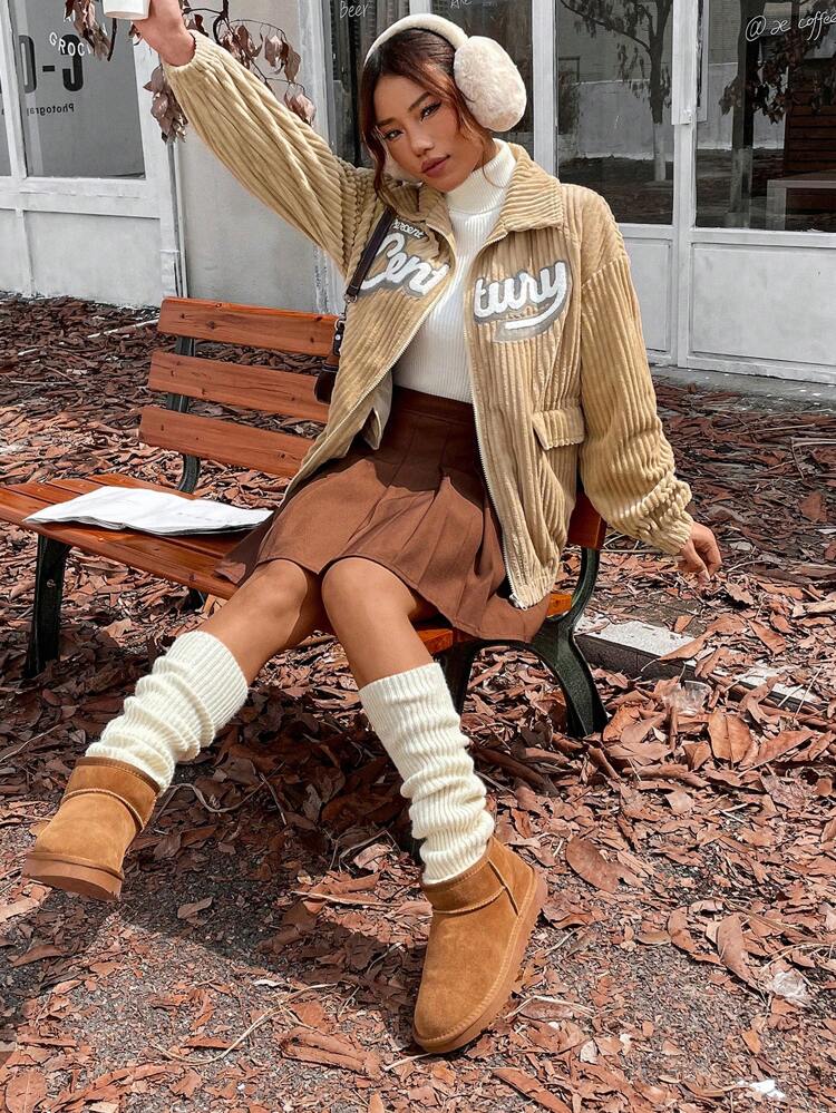 Letter Patched Flap Detail Drop Shoulder Corduroy Jacket Fall Cloth For Women